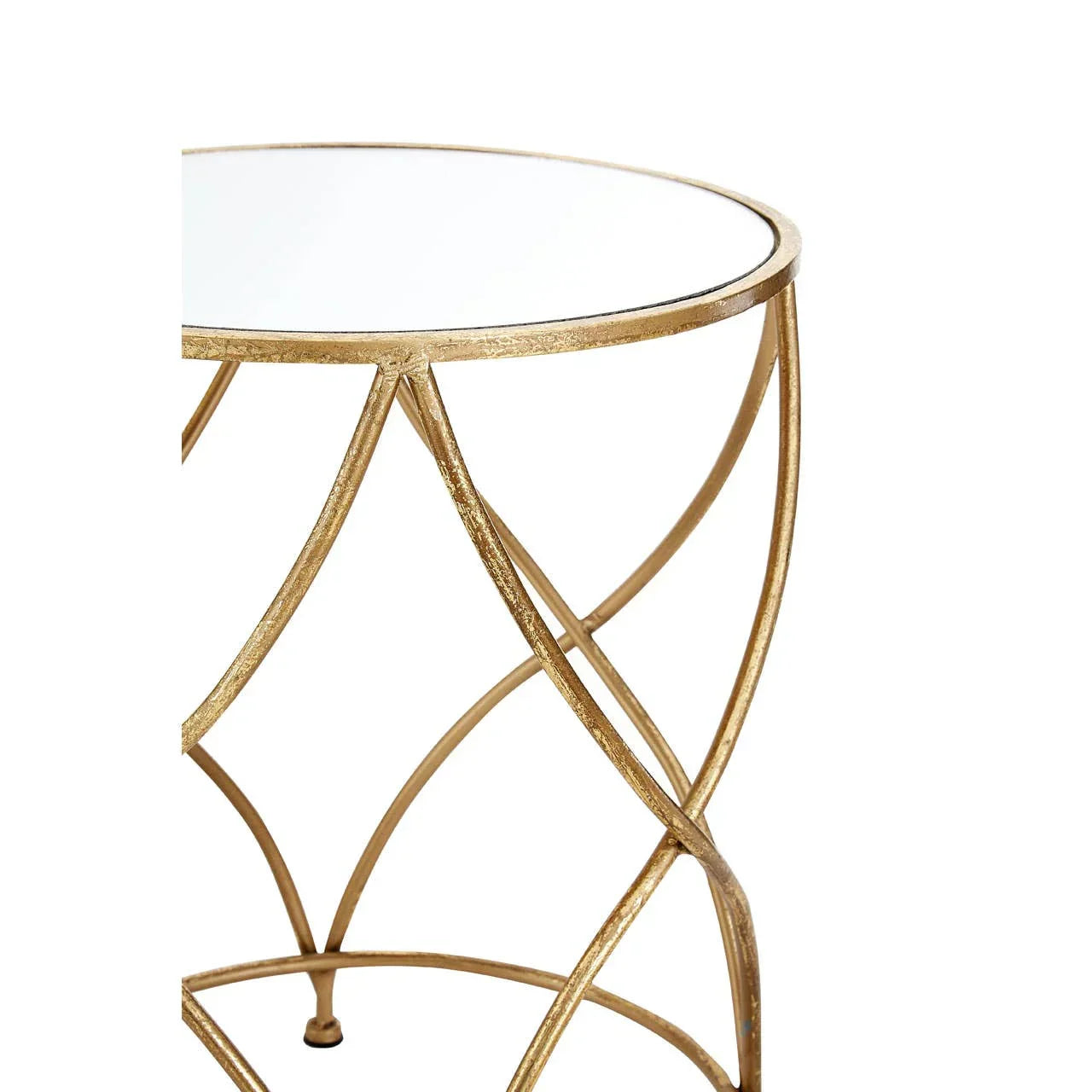 Round glass top side table with gold metal geometric frame, close view of table edge