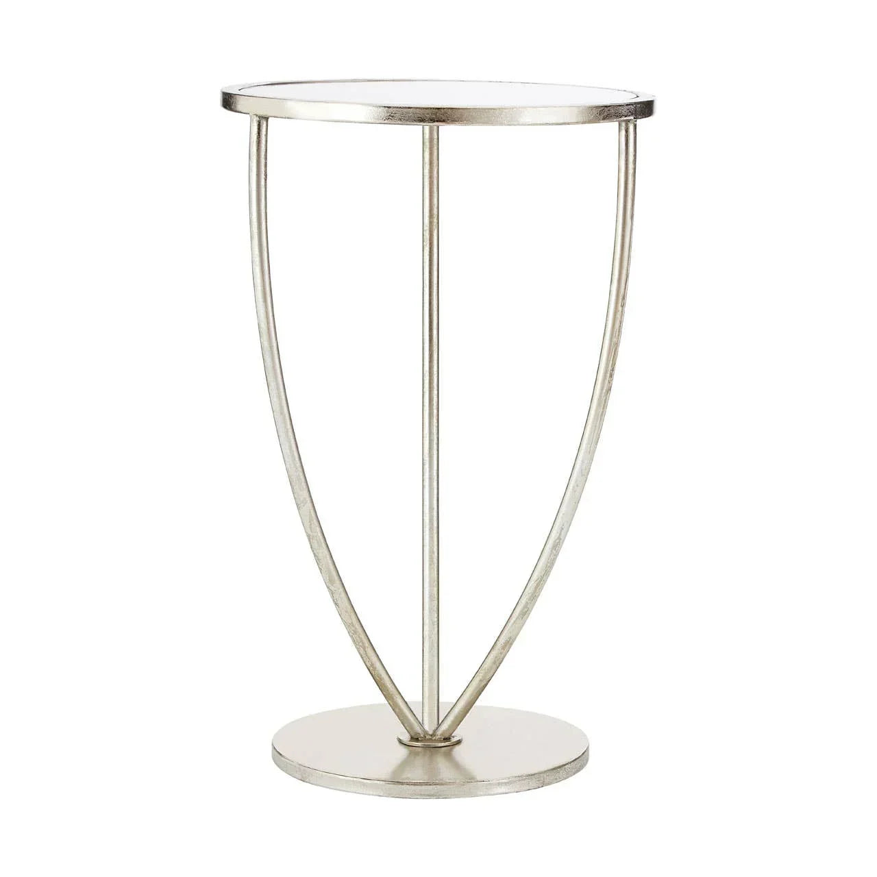 Round silver metal side table with mirrored top and minimalist frame