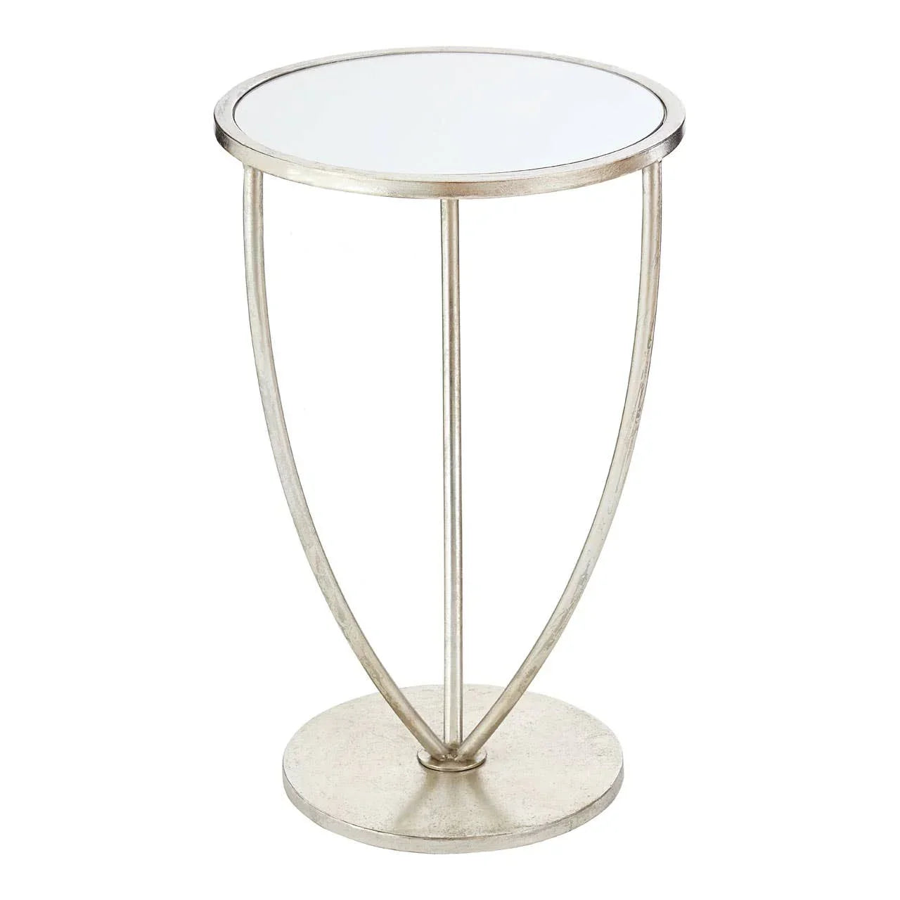 Round glass top side table with silver metal frame and circular base