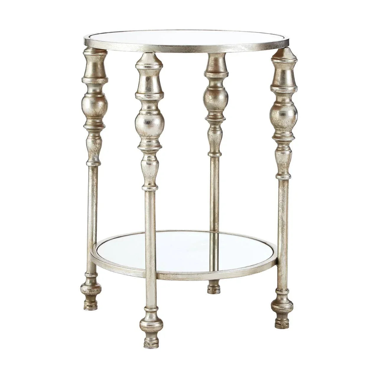 Silver round side table with mirrored top and lower shelf, turned metal legs