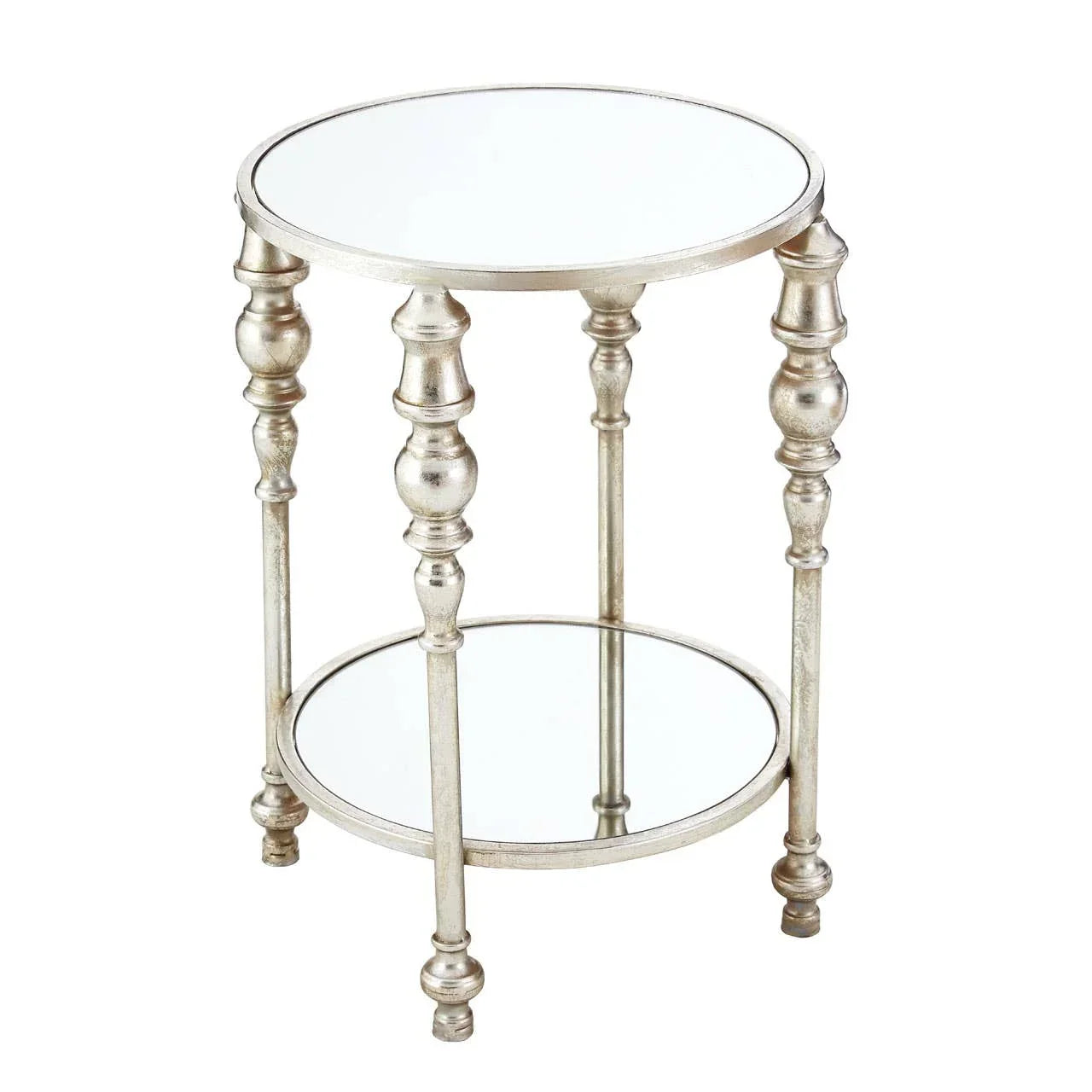Round glass side table with metallic frame and carved spindle legs, two tier design