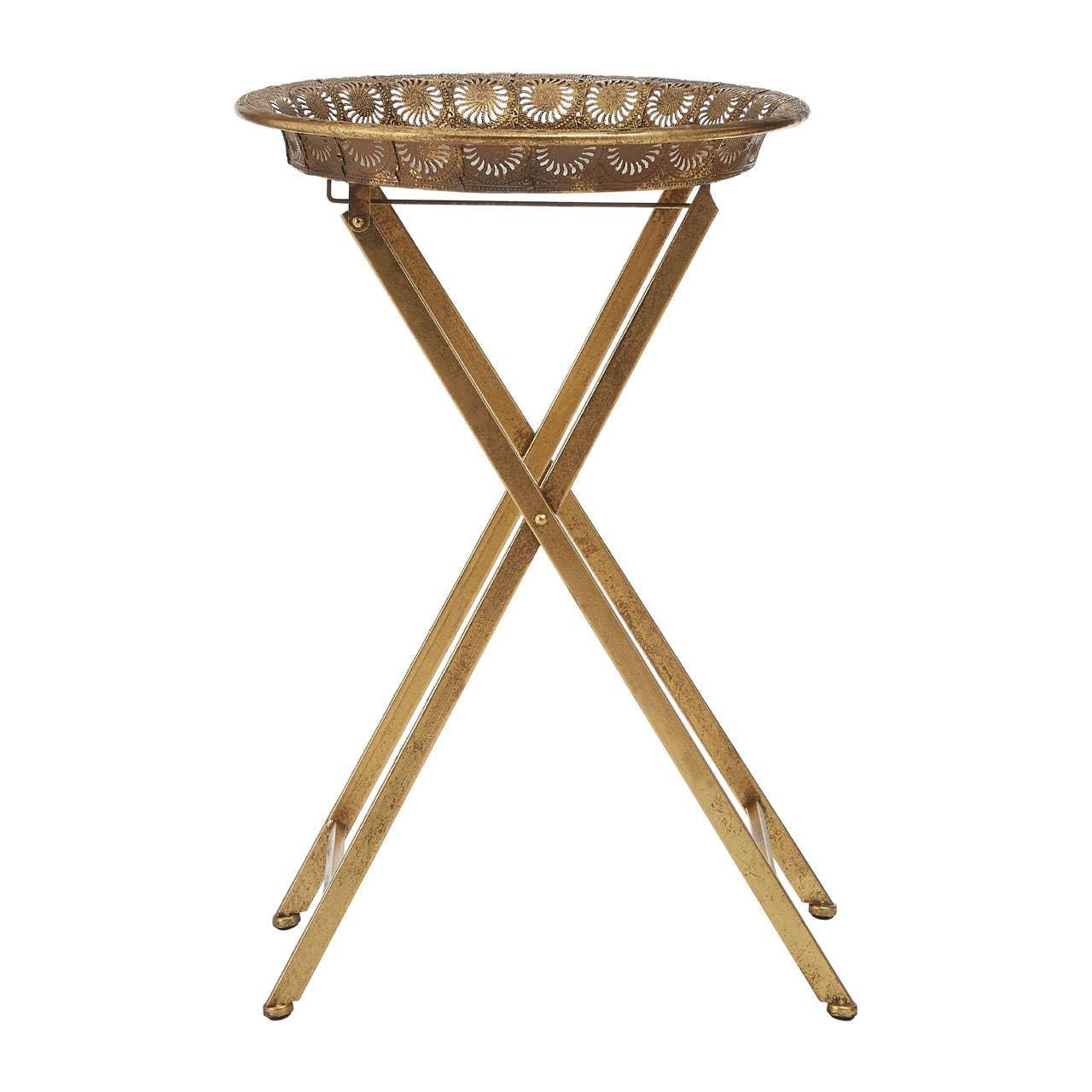 Gold metal side table with decorative cut-out tray top and crossed folding legs