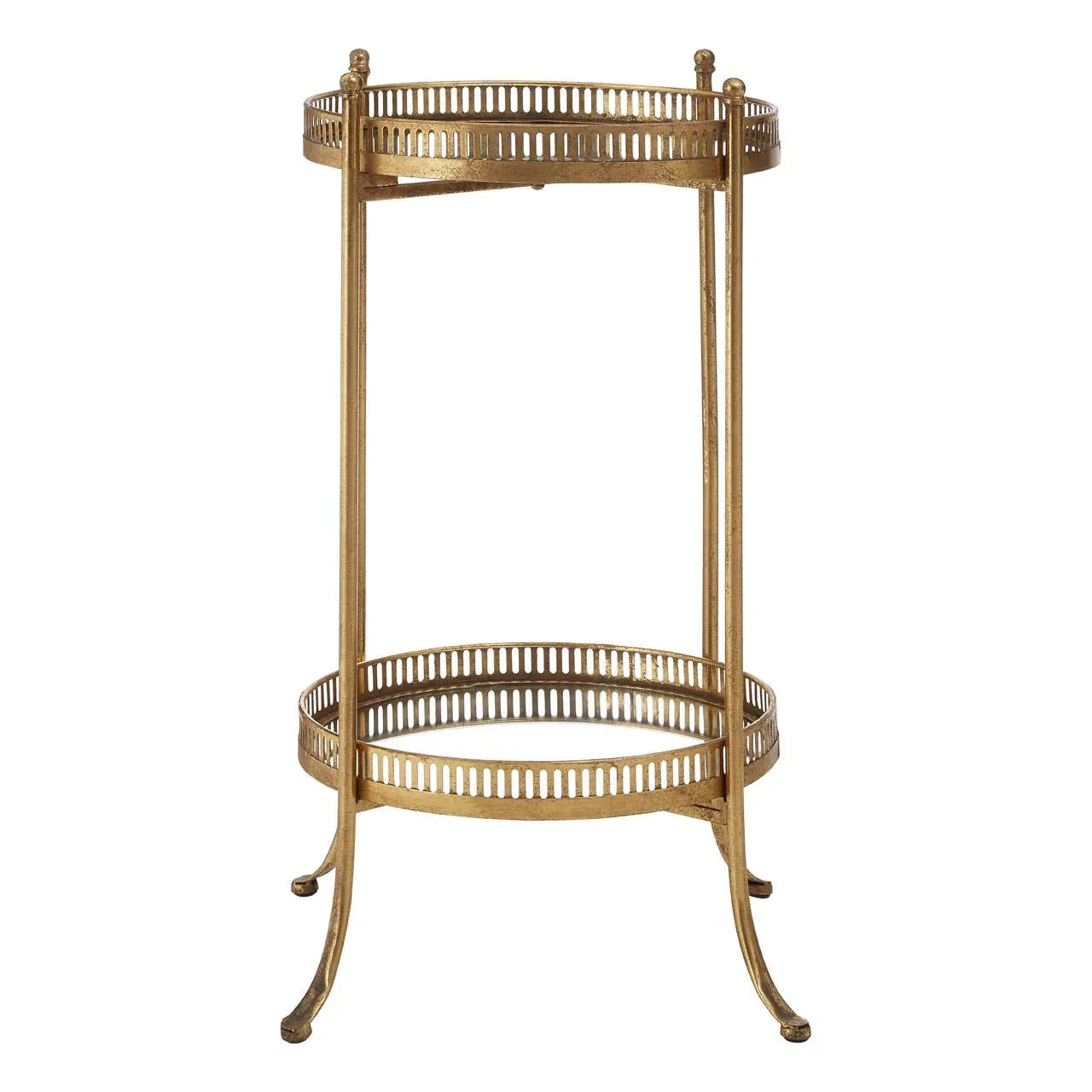 Gold metal side table with two mirrored shelves and decorative rail design