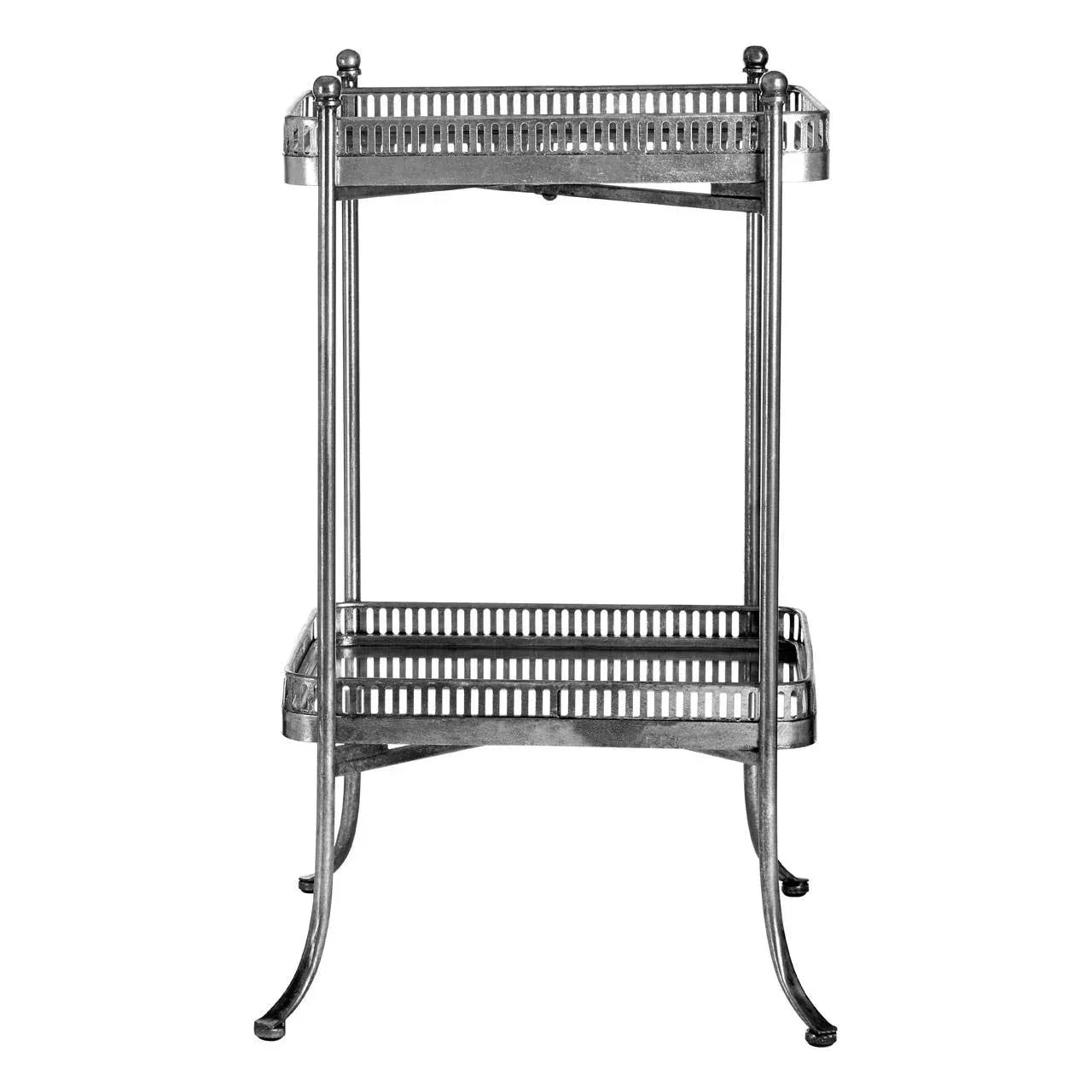 Metal two tier side table with perforated edges and curved legs, shown from the front