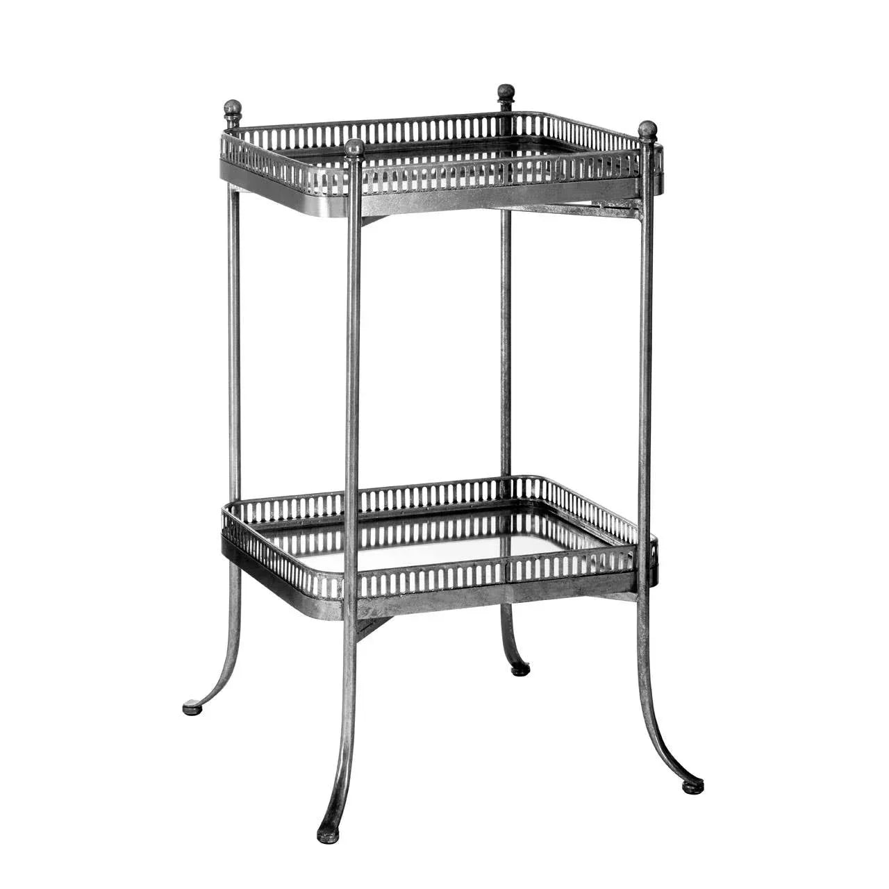 Silver metal drinks trolley with two rectangular glass shelves and decorative railing trim