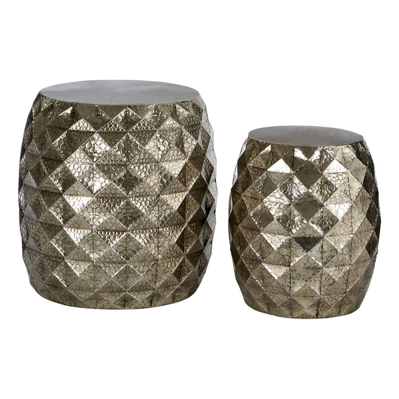 Set of two metallic side tables with geometric diamond pattern and hammered texture