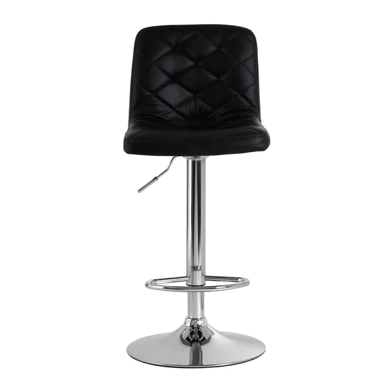 Black faux leather bar stool with chrome base and footrest, front view