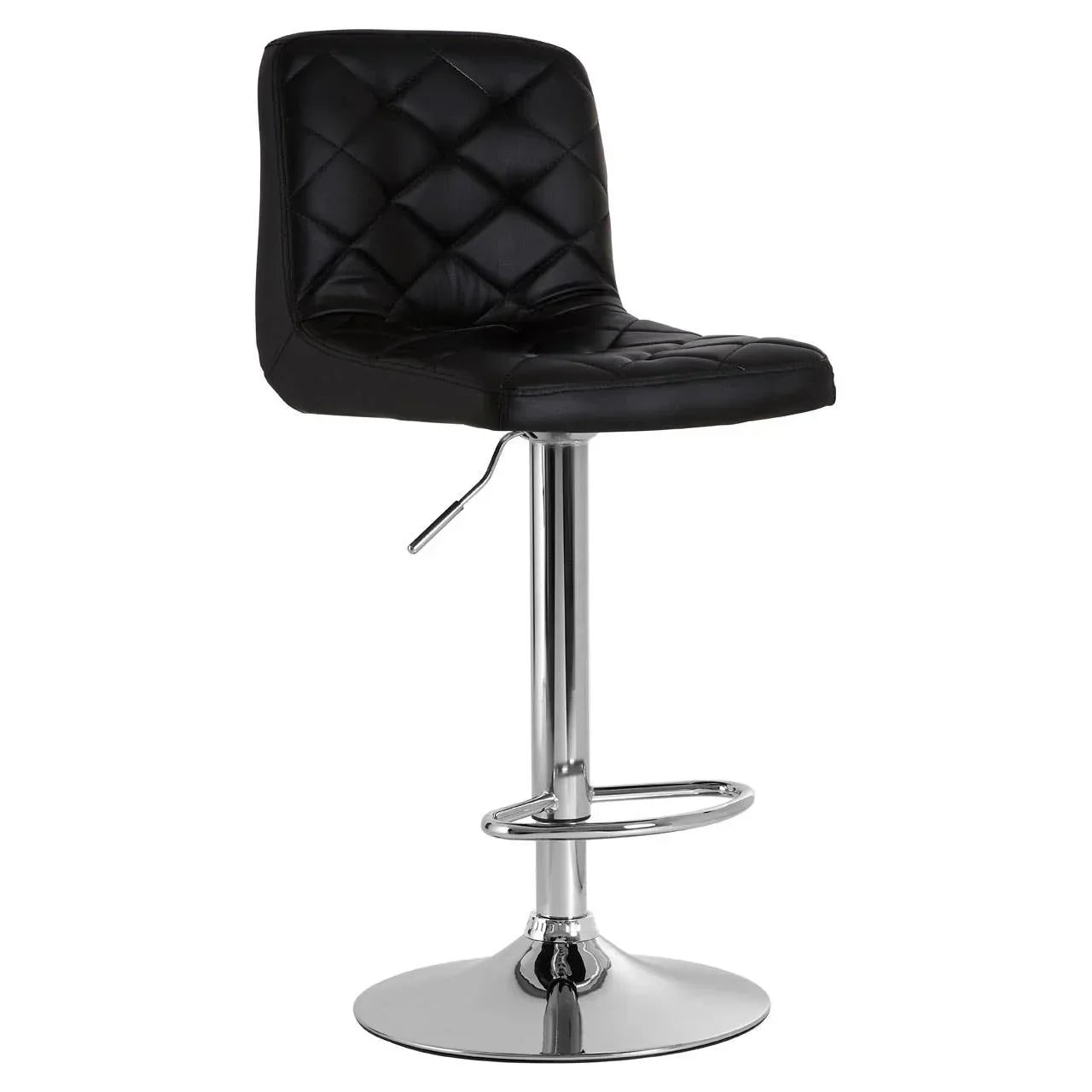 Black bar stool with quilted seat and chrome base, featuring adjustable height lever