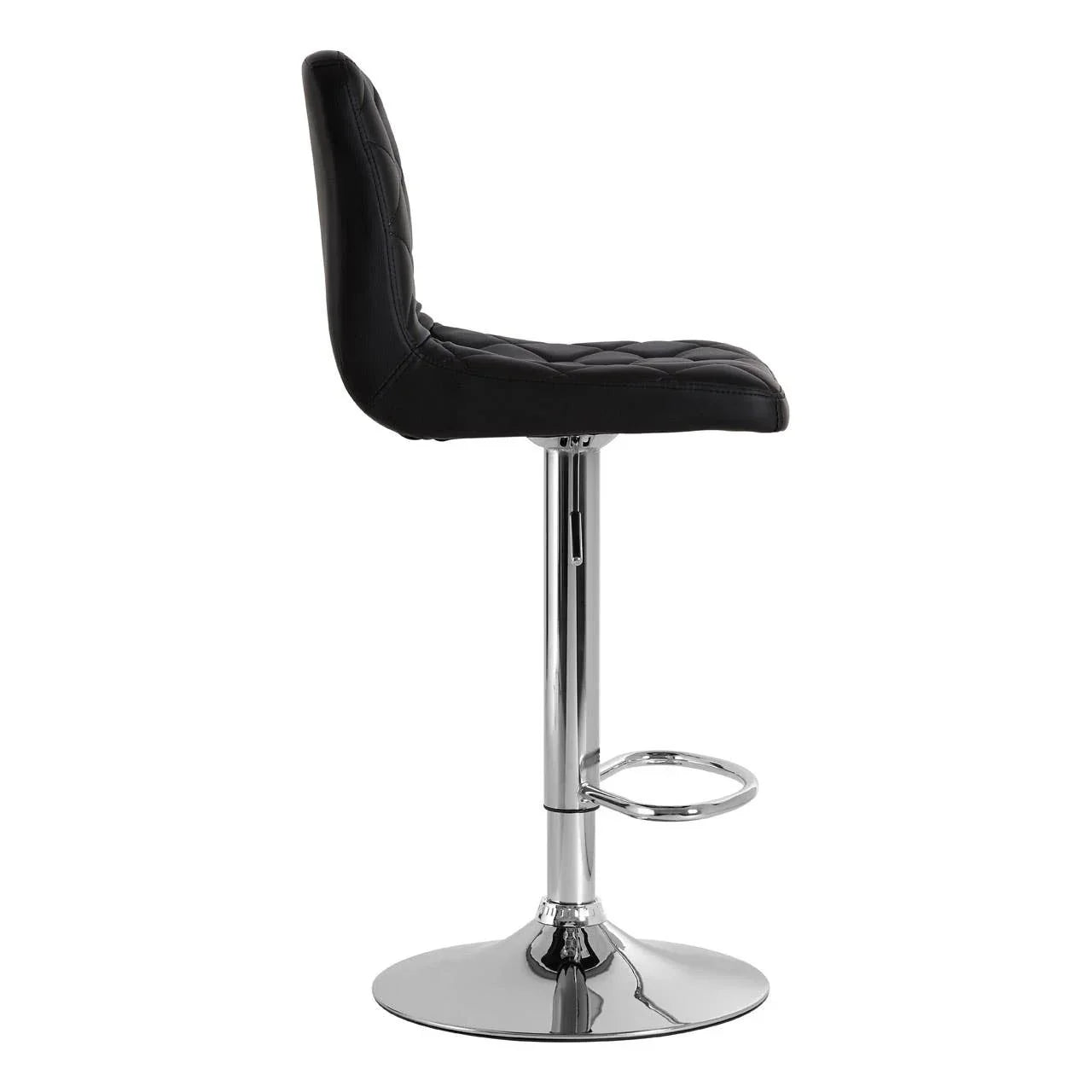 Black bar stool with quilted seat, chrome base and footrest, side profile view
