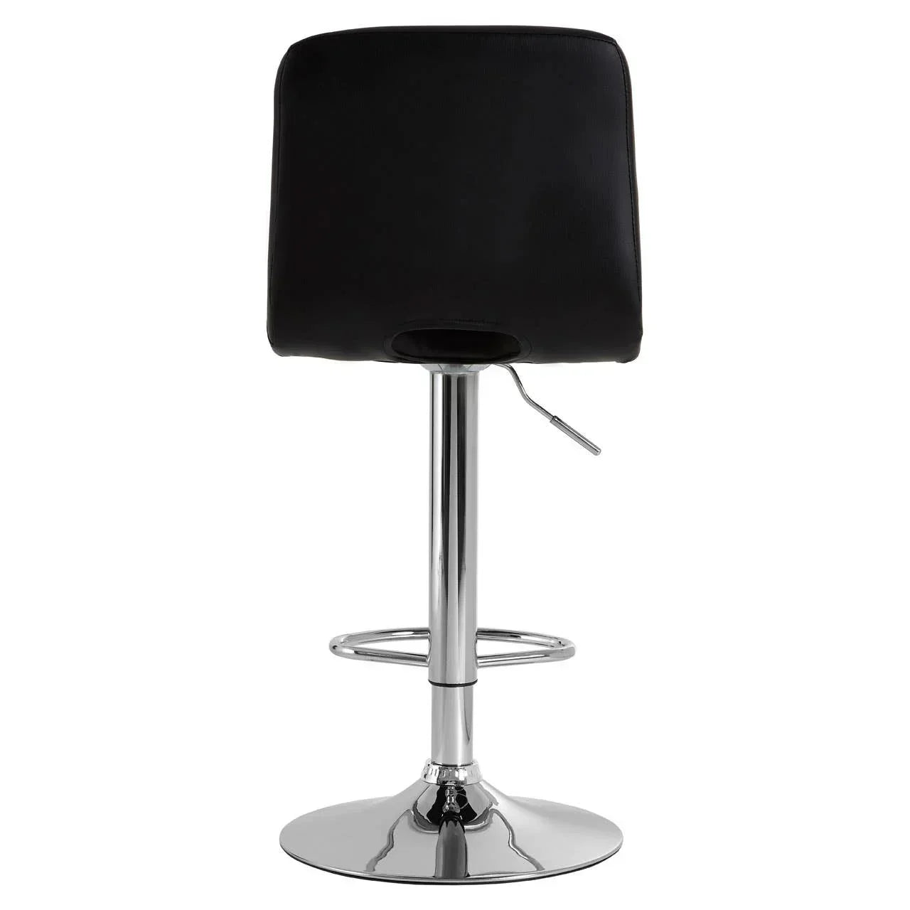 Black bar stool with chrome base and footrest rear view