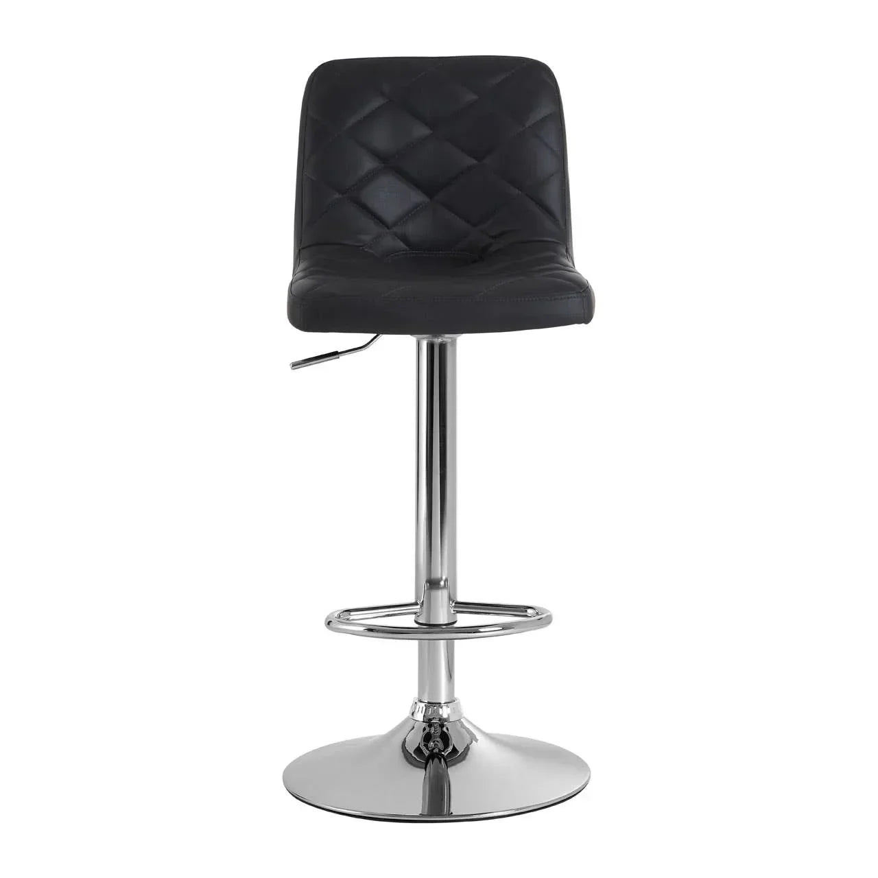 Black bar stool with quilted seat, chrome pedestal base and footrest, front view