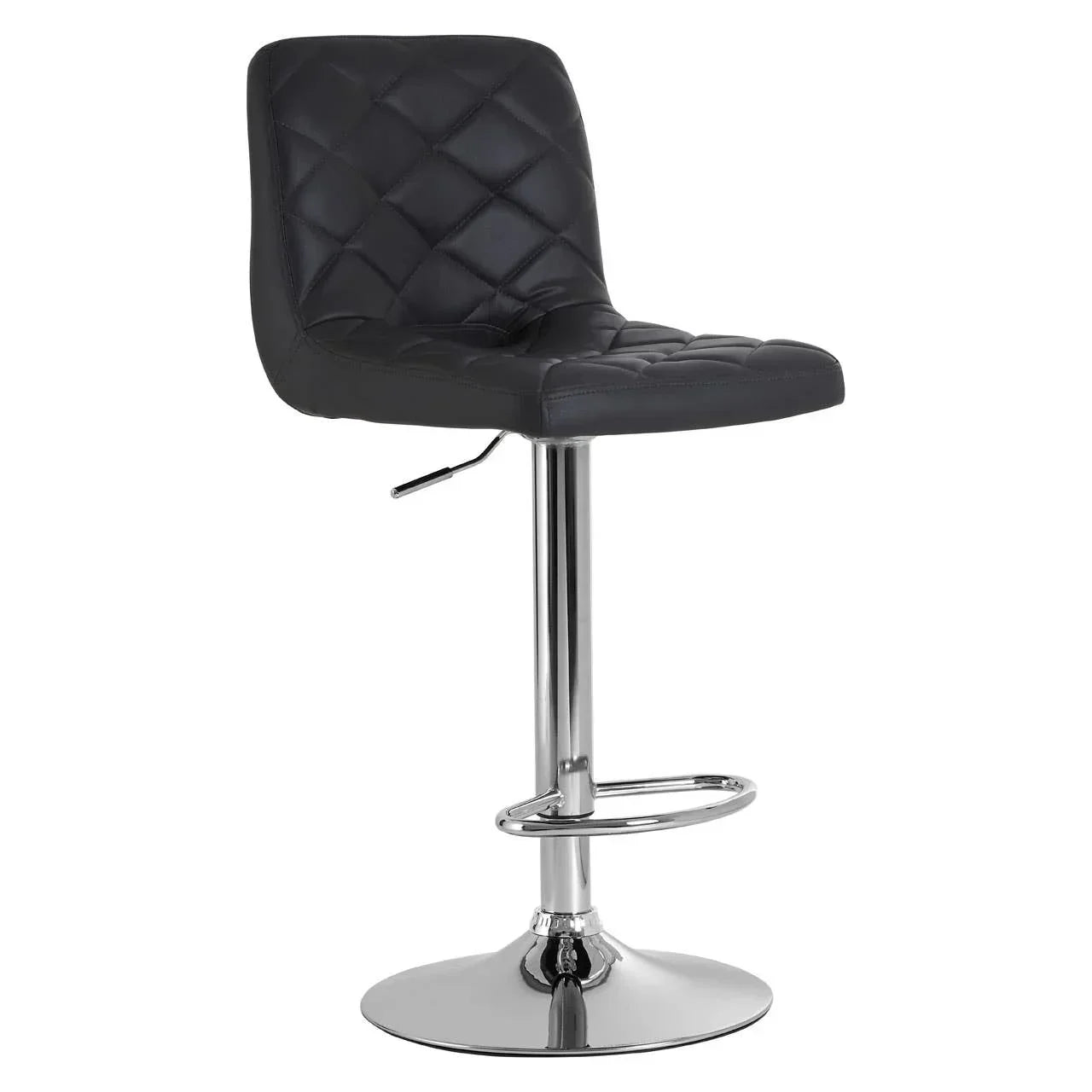 black faux leather bar stool with chrome base and footrest on white background