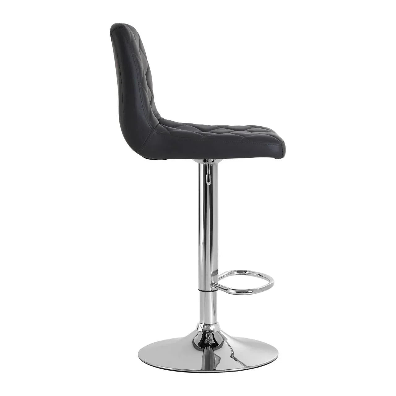 Black faux leather bar stool with chrome base and footrest, side profile view
