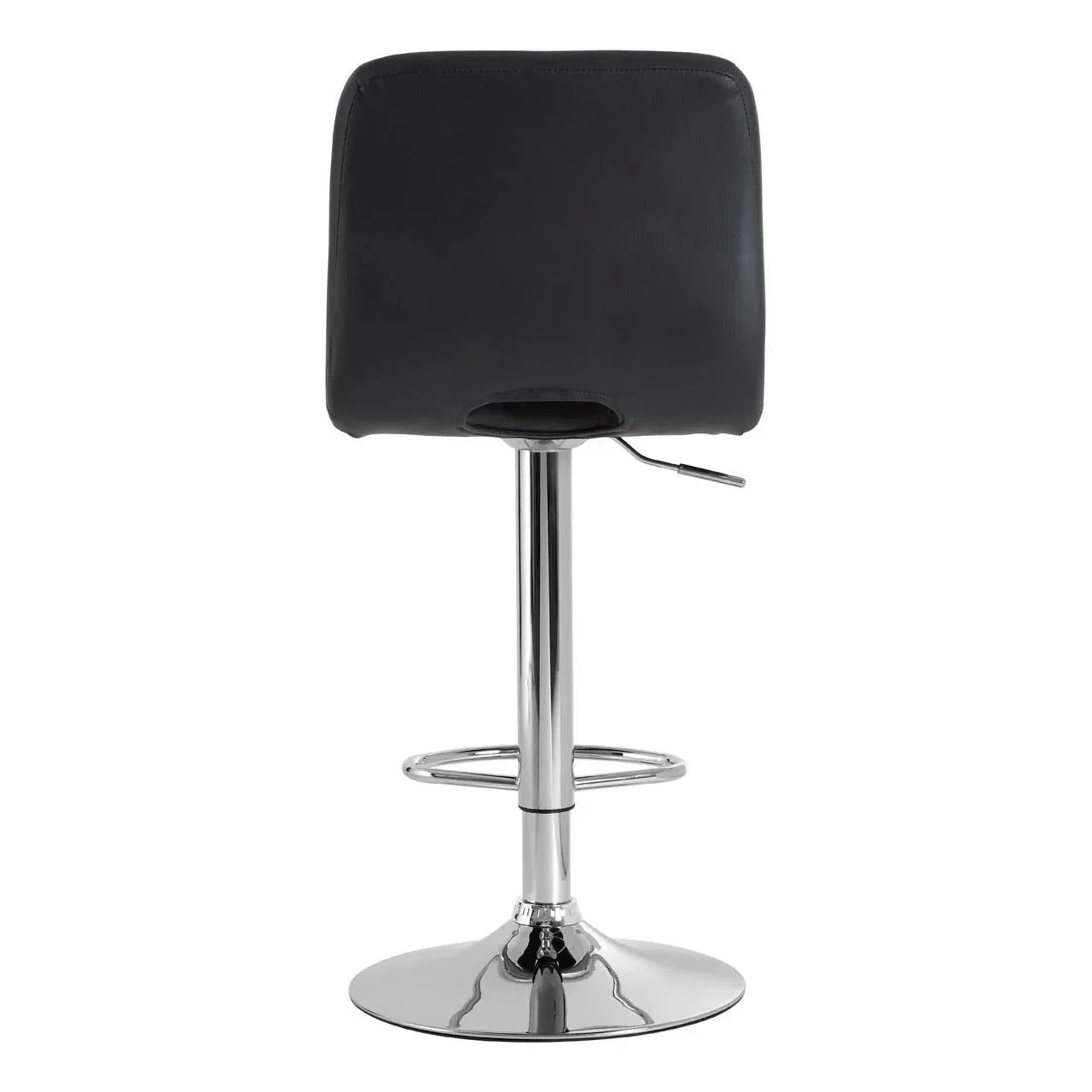 Black bar stool with chrome base and footrest, rear view