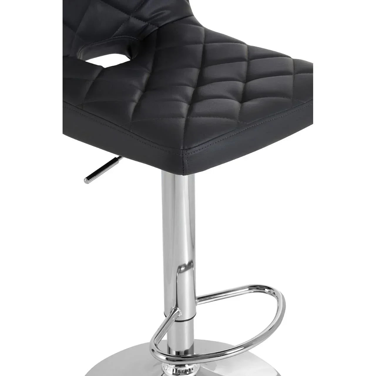 Black quilted bar stool seat with chrome base and footrest, close side angle
