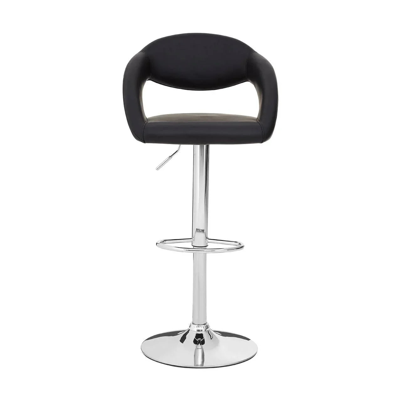 Black faux leather bar stool with chrome pedestal base and round footrest, front view