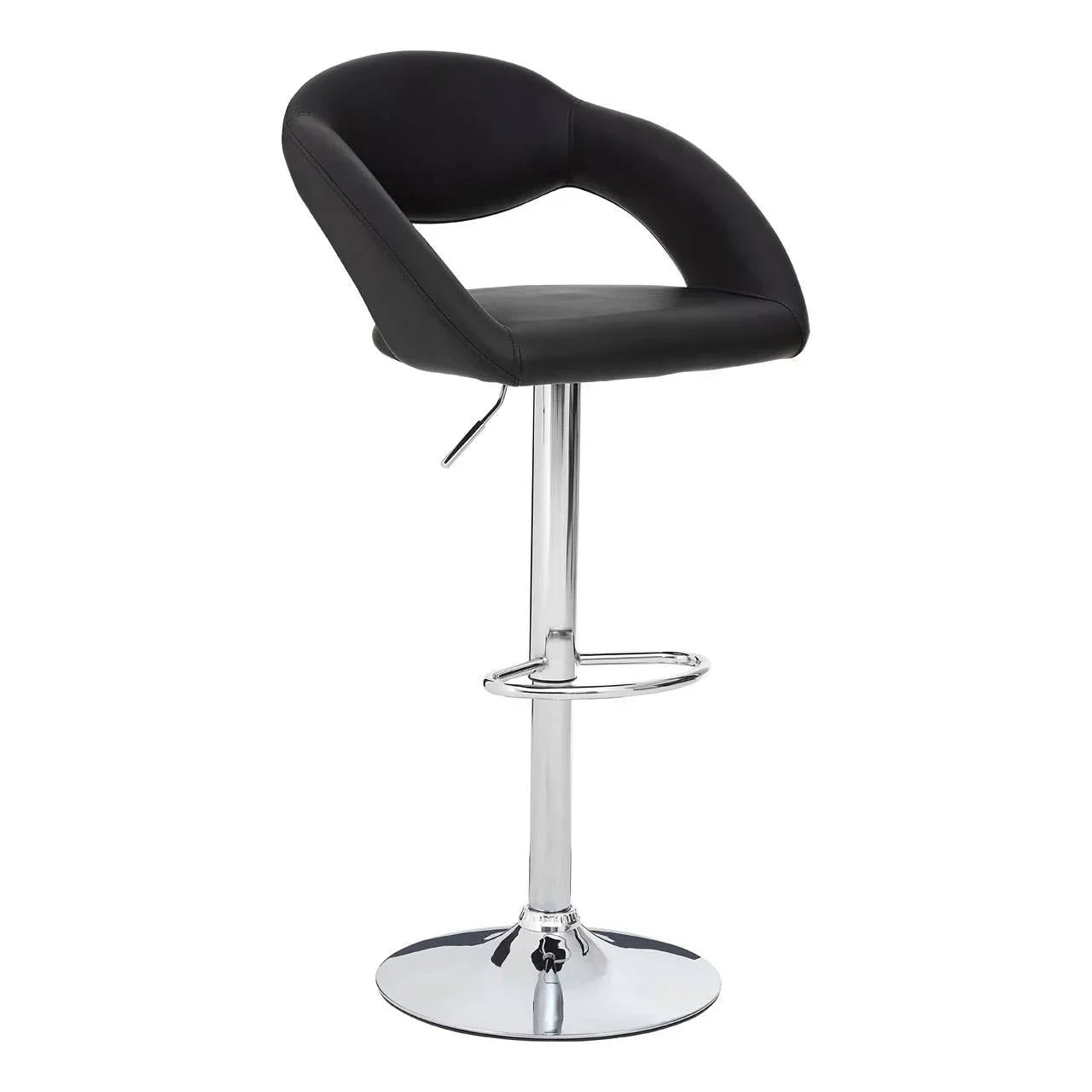 Black bar stool with curved backrest and chrome base, modern adjustable height design