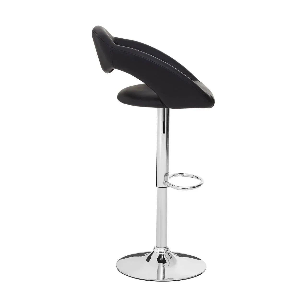 Black bar stool with chrome base and footrest, side view
