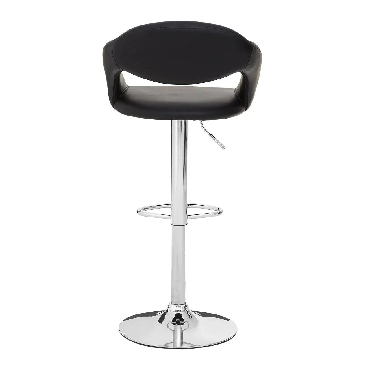 Black bar stool with chrome base, footrest, and padded backrest, front view
