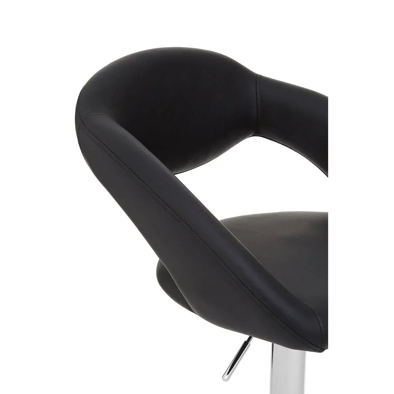 Black faux leather bar stool with curved backrest and chrome base, close-up side view