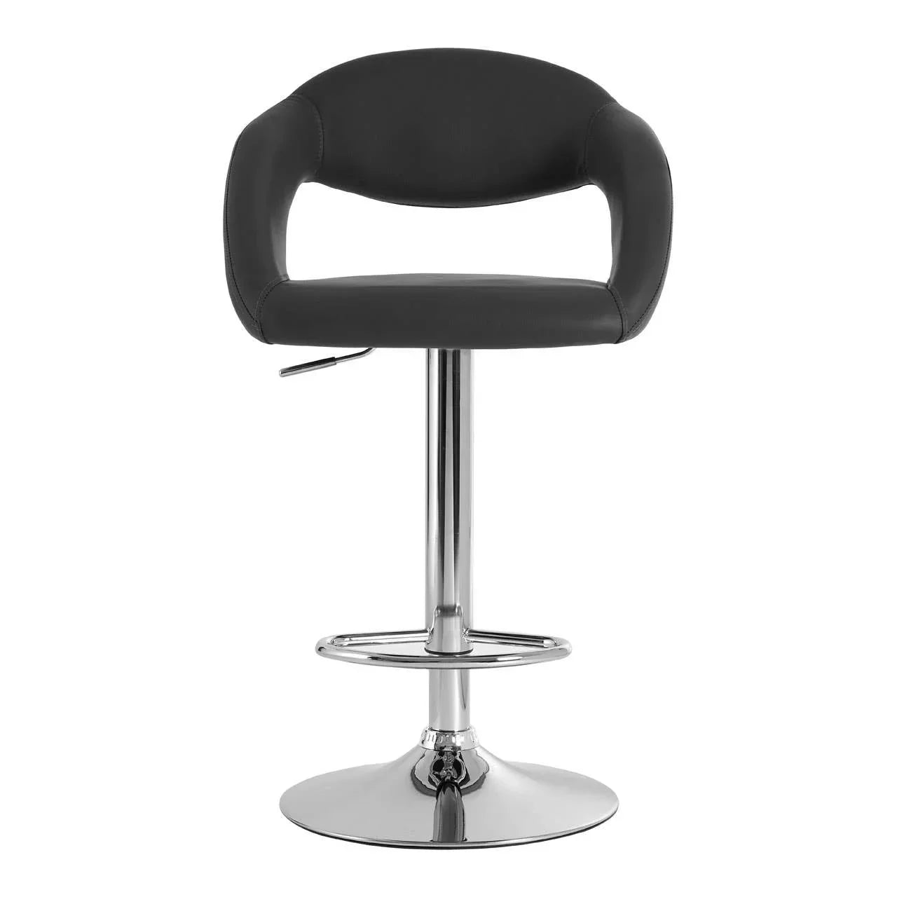 Black bar stool with chrome base, footrest, and curved backrest on white background