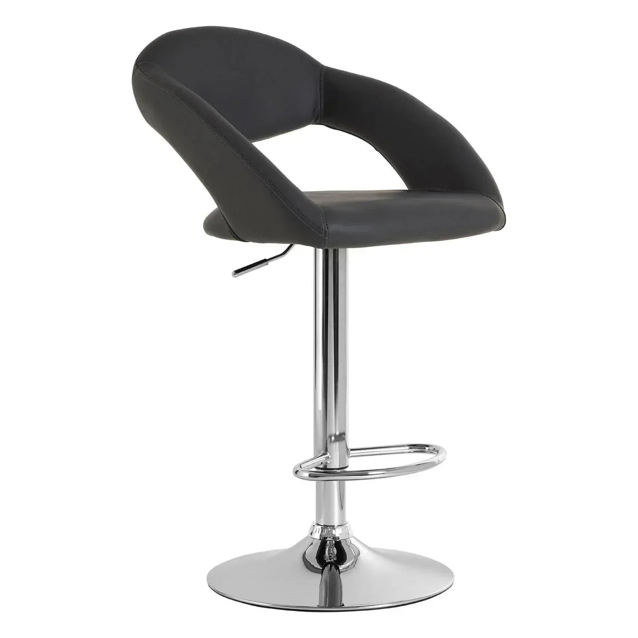 Black bar stool with chrome base, padded seat and footrest on white background