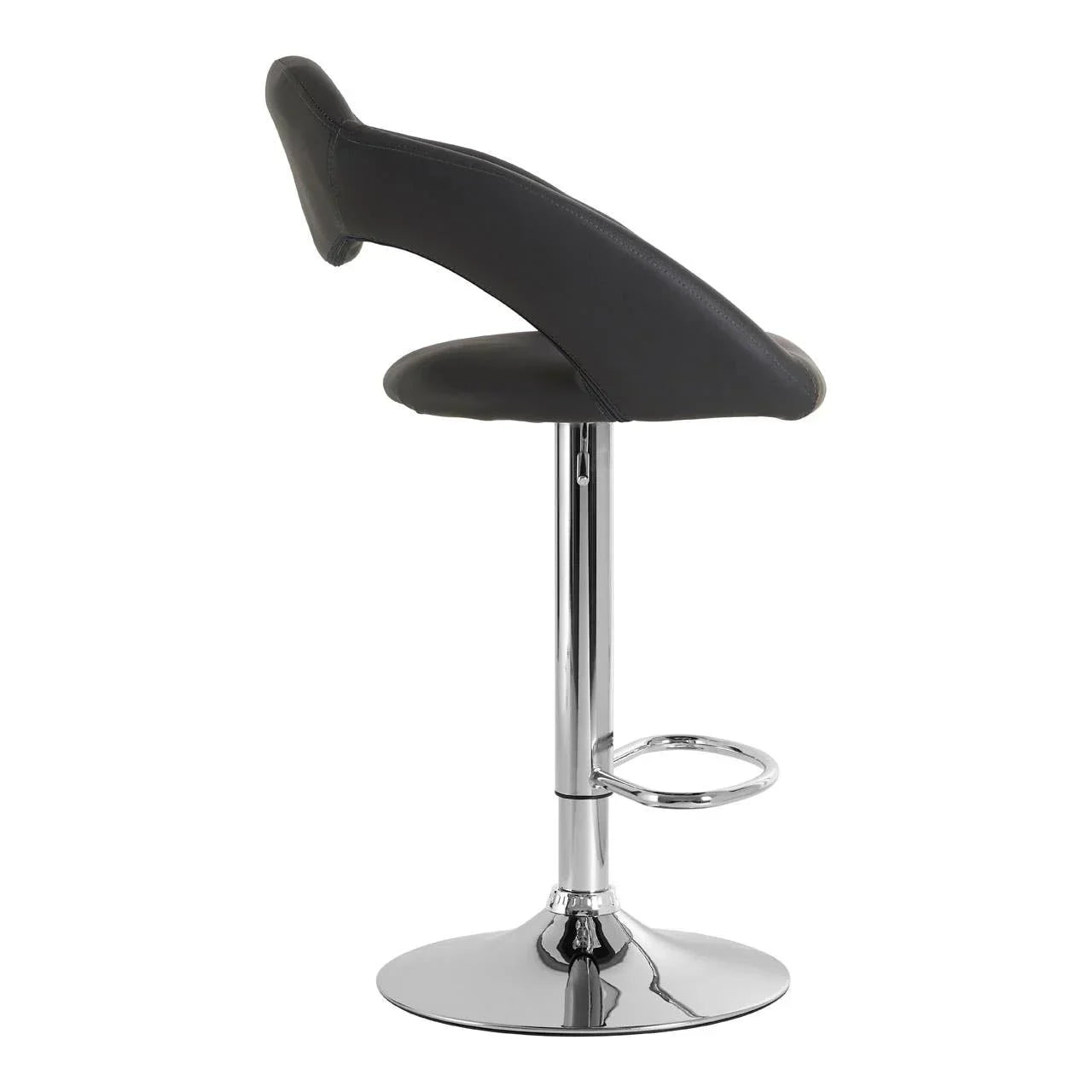 Black bar stool with chrome pedestal base and footrest, side view