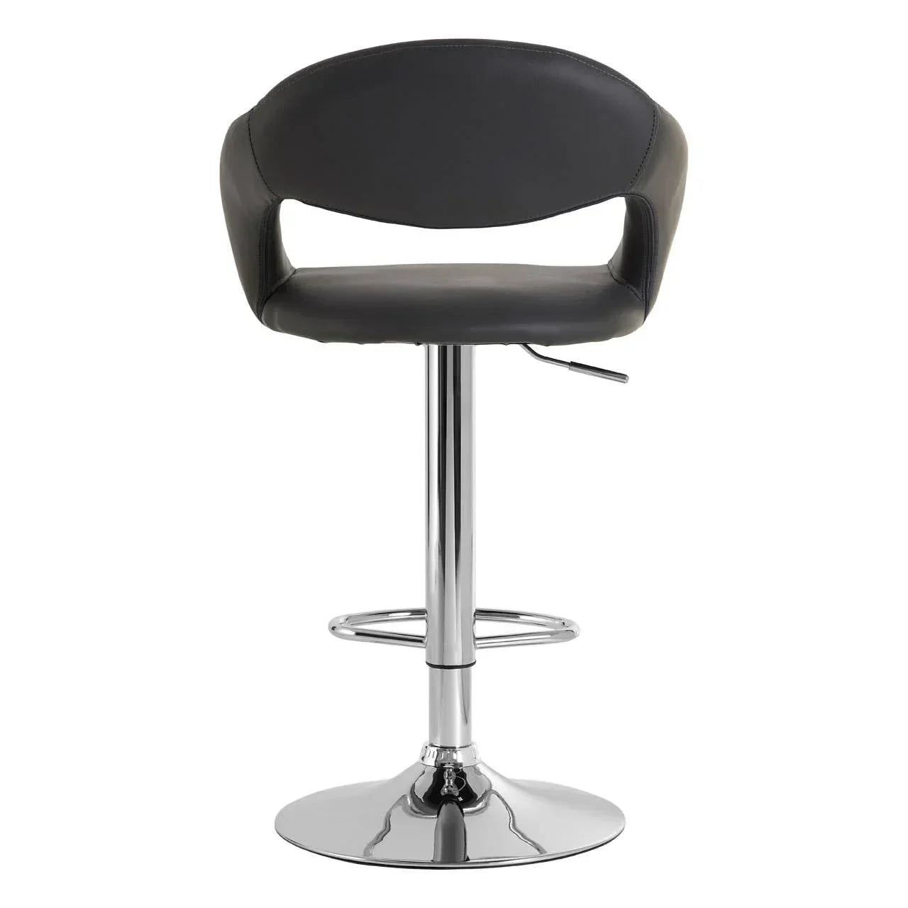 Black faux leather bar stool with chrome base and footrest, front angle view