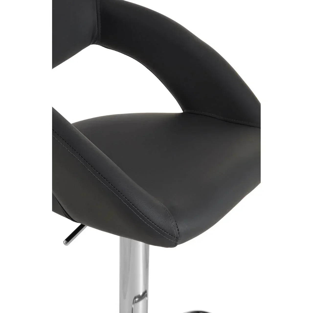 Black faux leather bar stool seat with chrome base and curved armrest detail