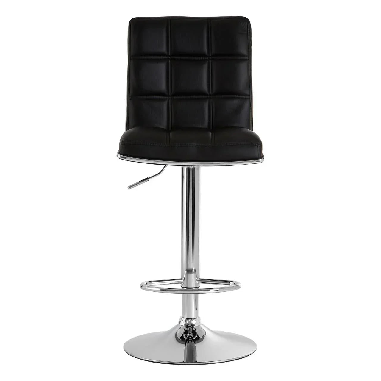 Black leather bar stool with chrome base and footrest, square stitched seat and backrest