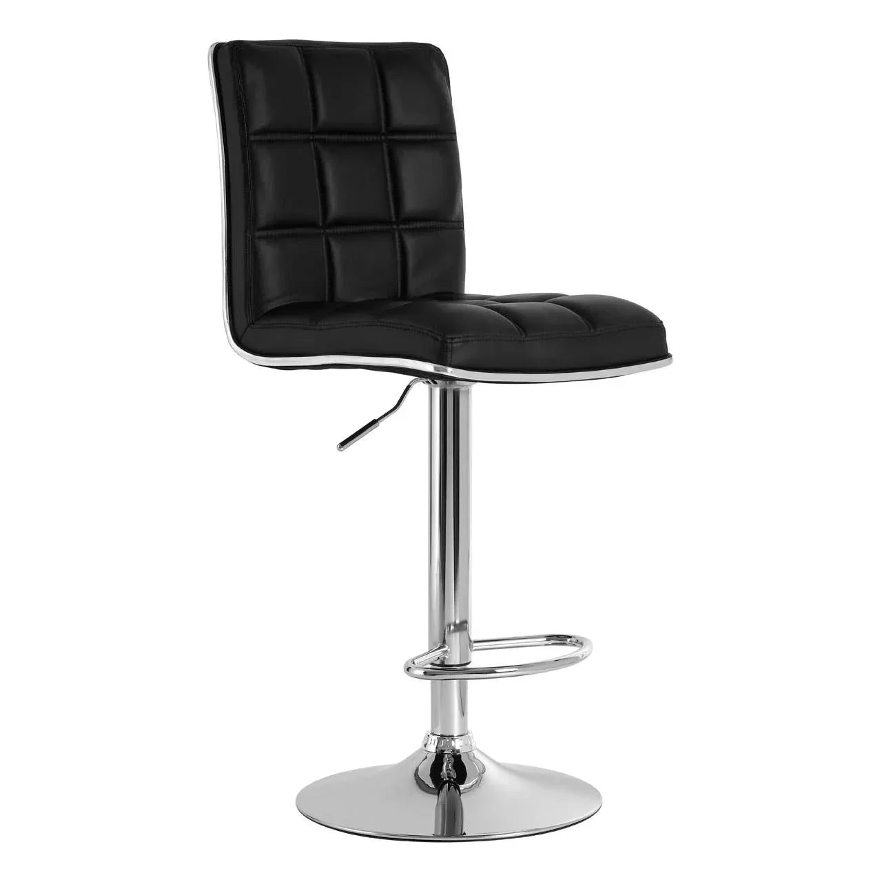 Black faux leather bar stool with square stitching, padded seat and chrome pedestal base