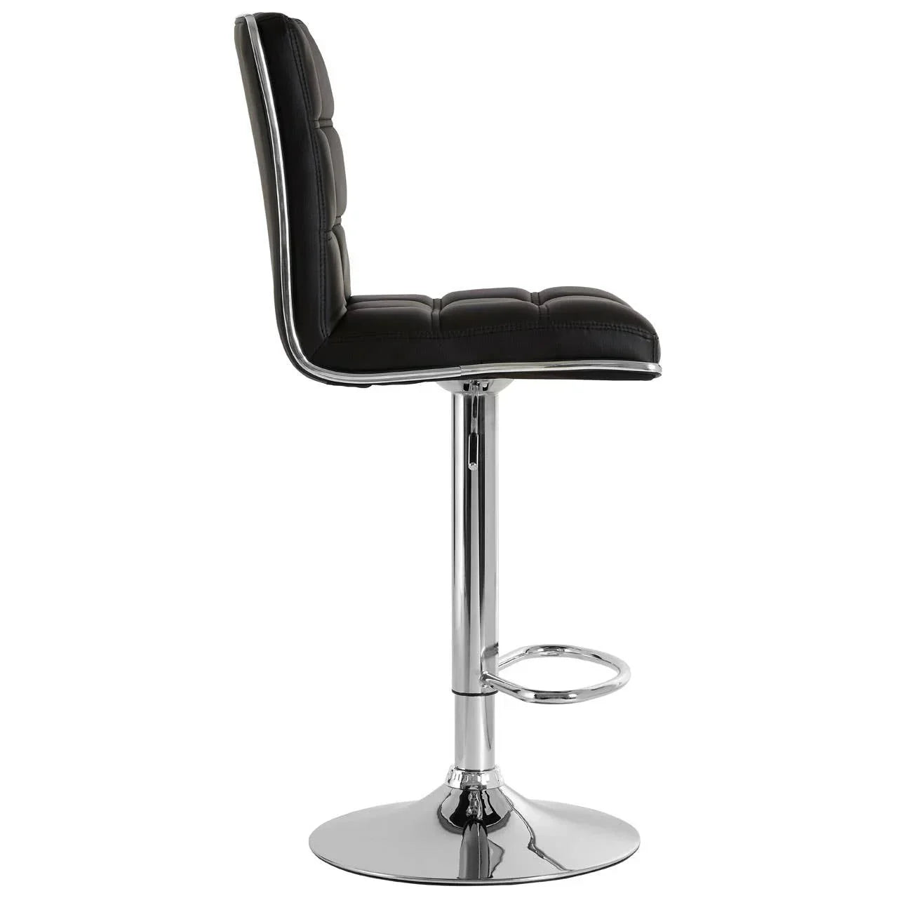 Black faux leather bar stool with chrome base and footrest, side view
