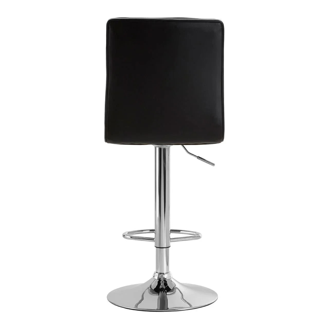 Black bar stool with chrome base and footrest shown from the back