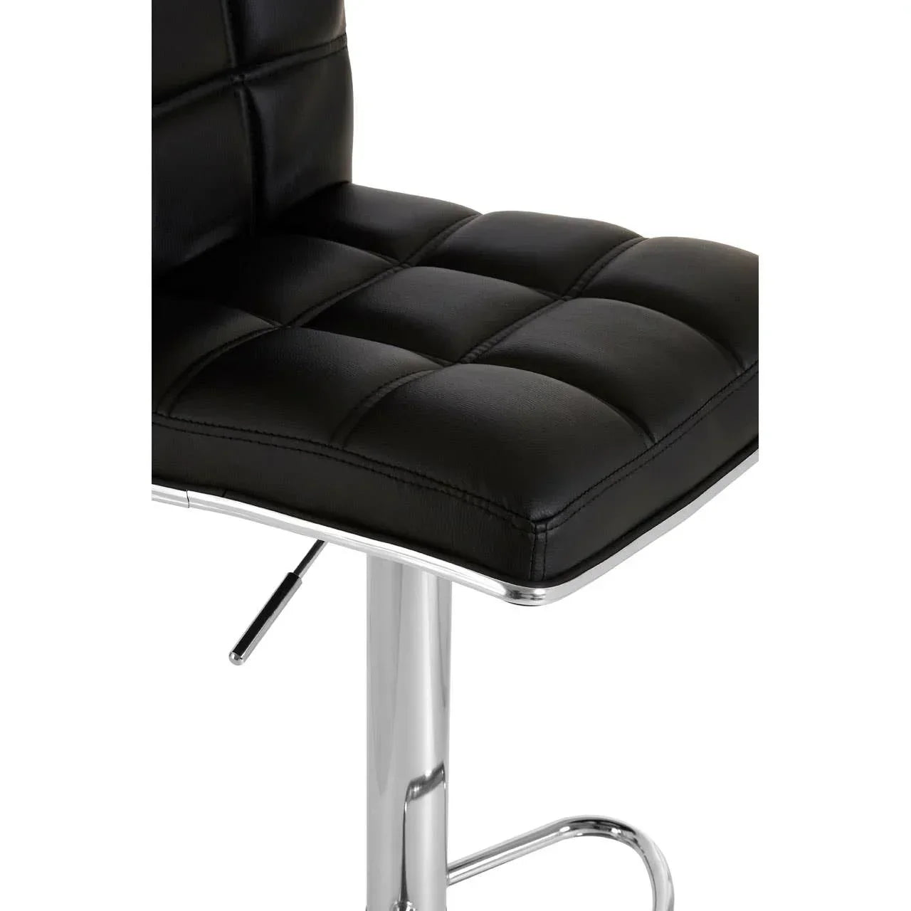 Black faux leather bar stool with chrome base and square stitched seat detail