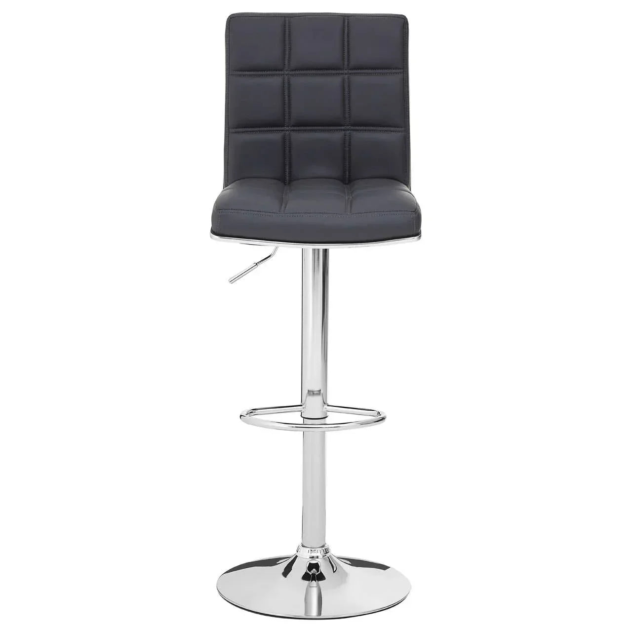 Modern black bar stool with chrome base and footrest, high back stitching detail, front view