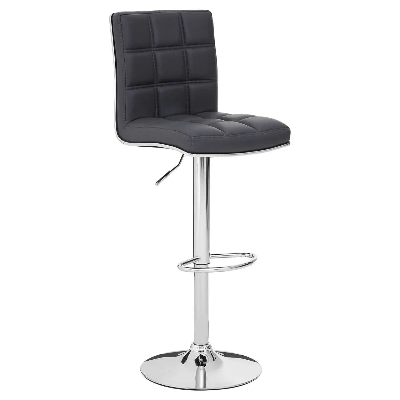 Black faux leather bar stool with chrome base and footrest, adjustable height
