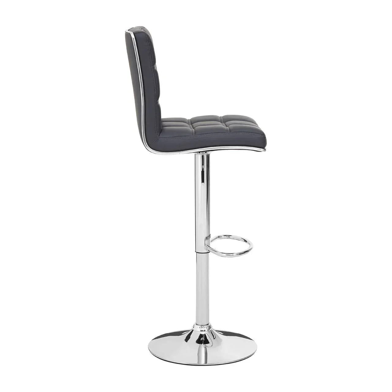 grey bar stool with padded seat and chrome base side view