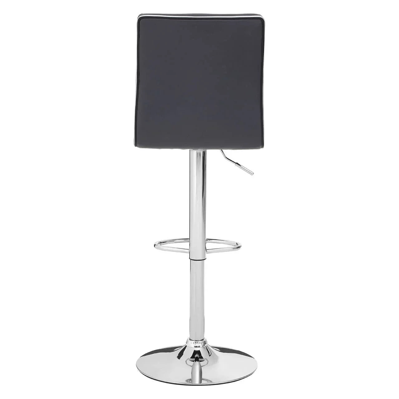 Black bar stool with chrome base and footrest, rear view on white background