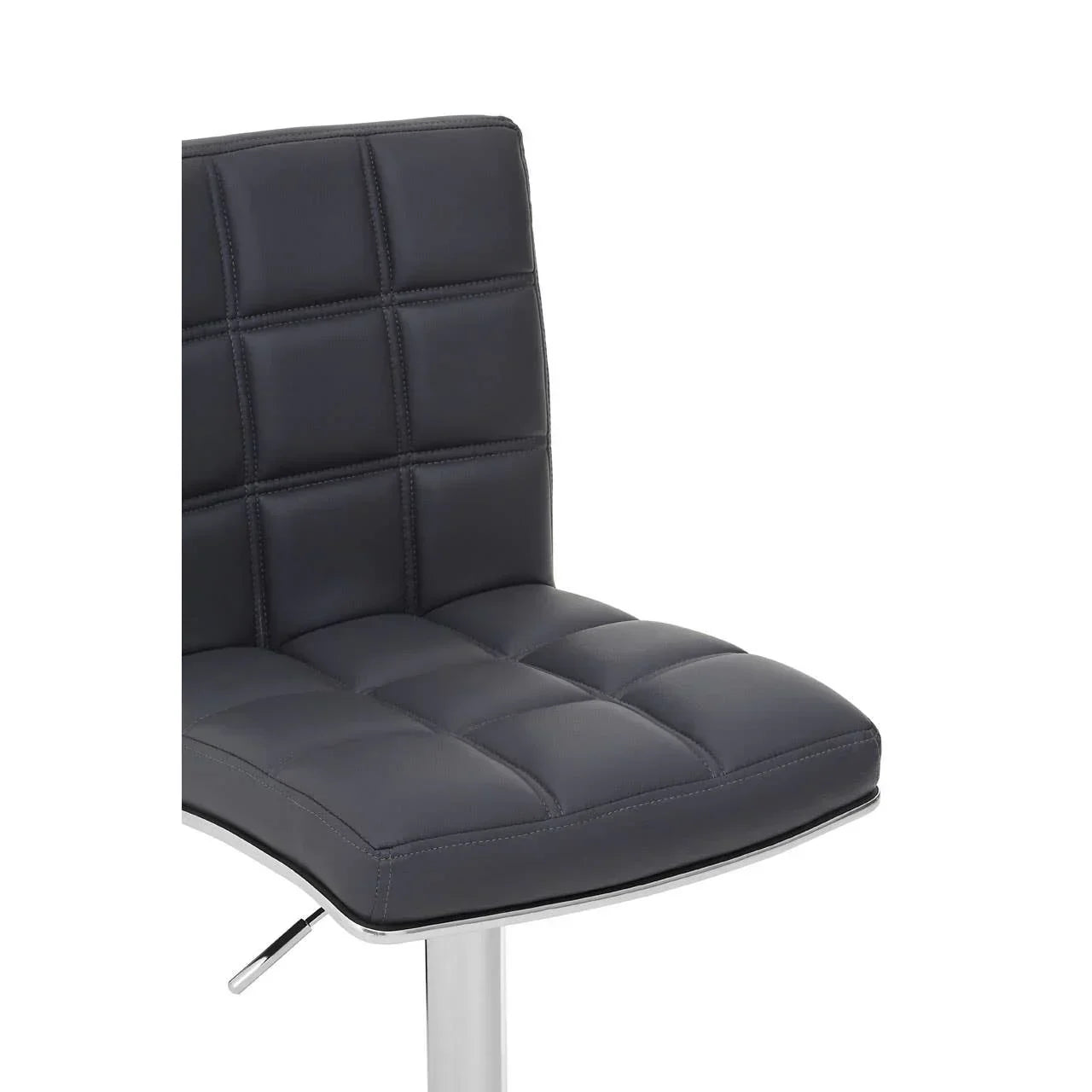Closeup of black faux leather bar stool with chrome base and quilted seat