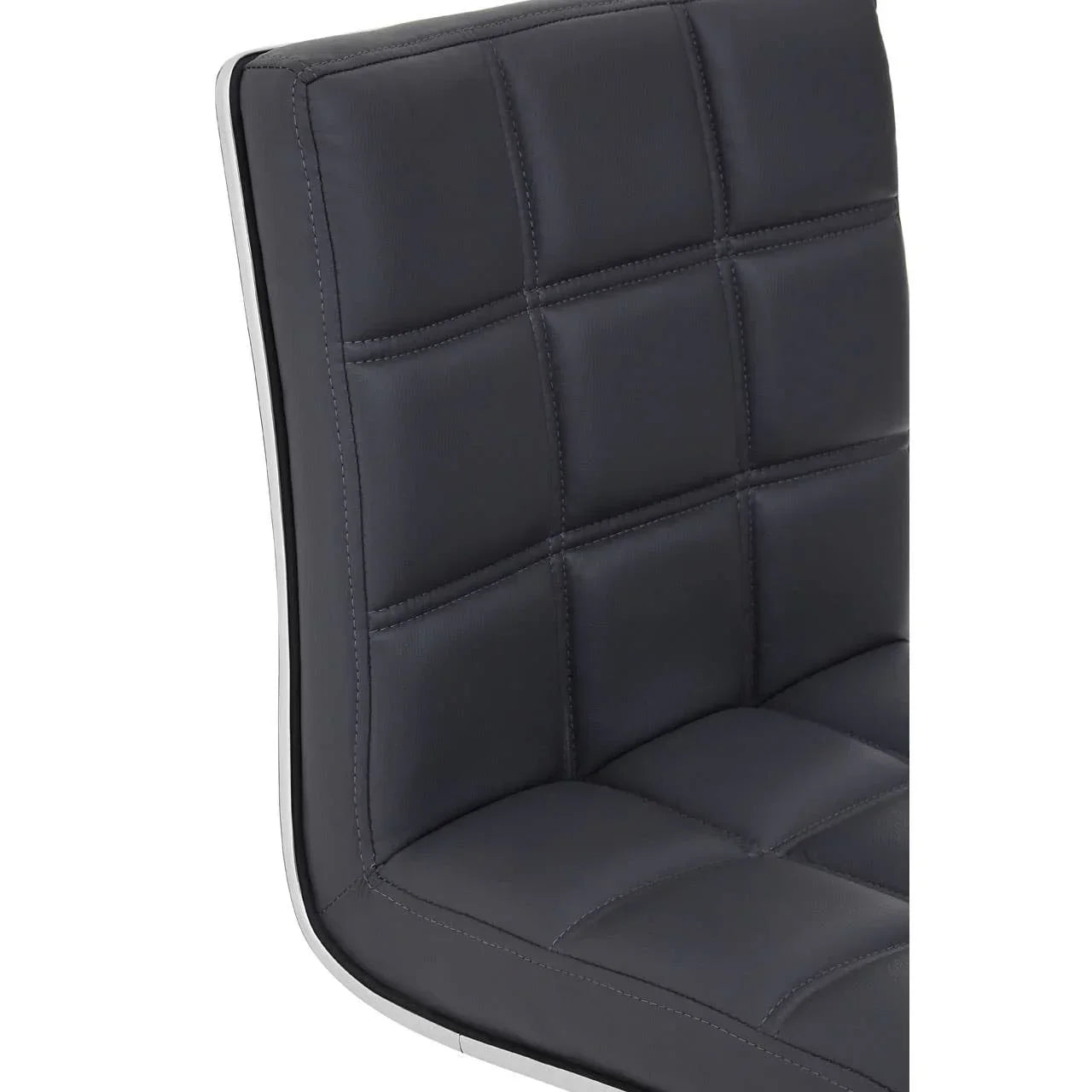 Black faux leather dining chair with quilted stitching and chrome edge, side angle view