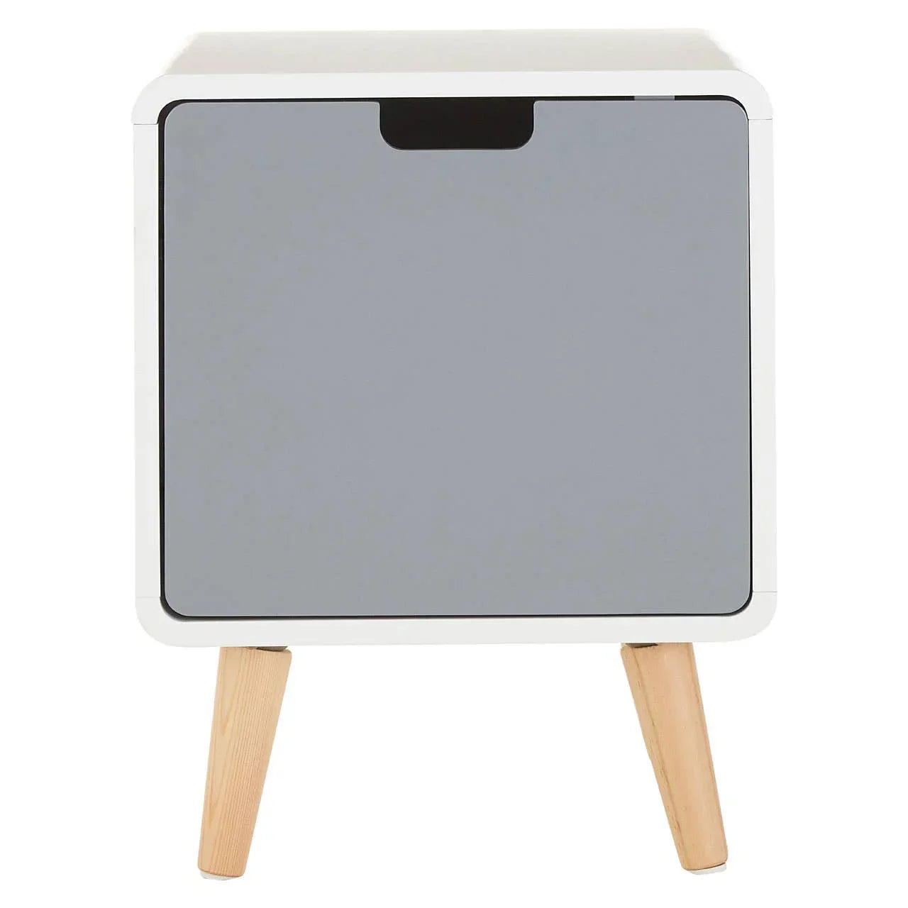 Modern bedside table with grey front panel, white frame and angled wooden legs