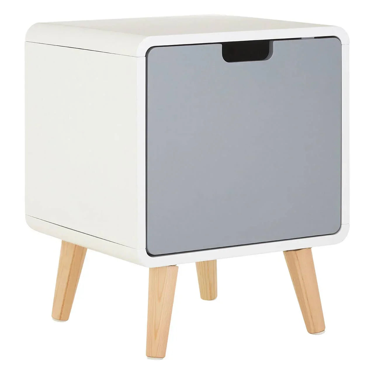 Modern bedside table with white frame, grey front panel, and light wood legs
