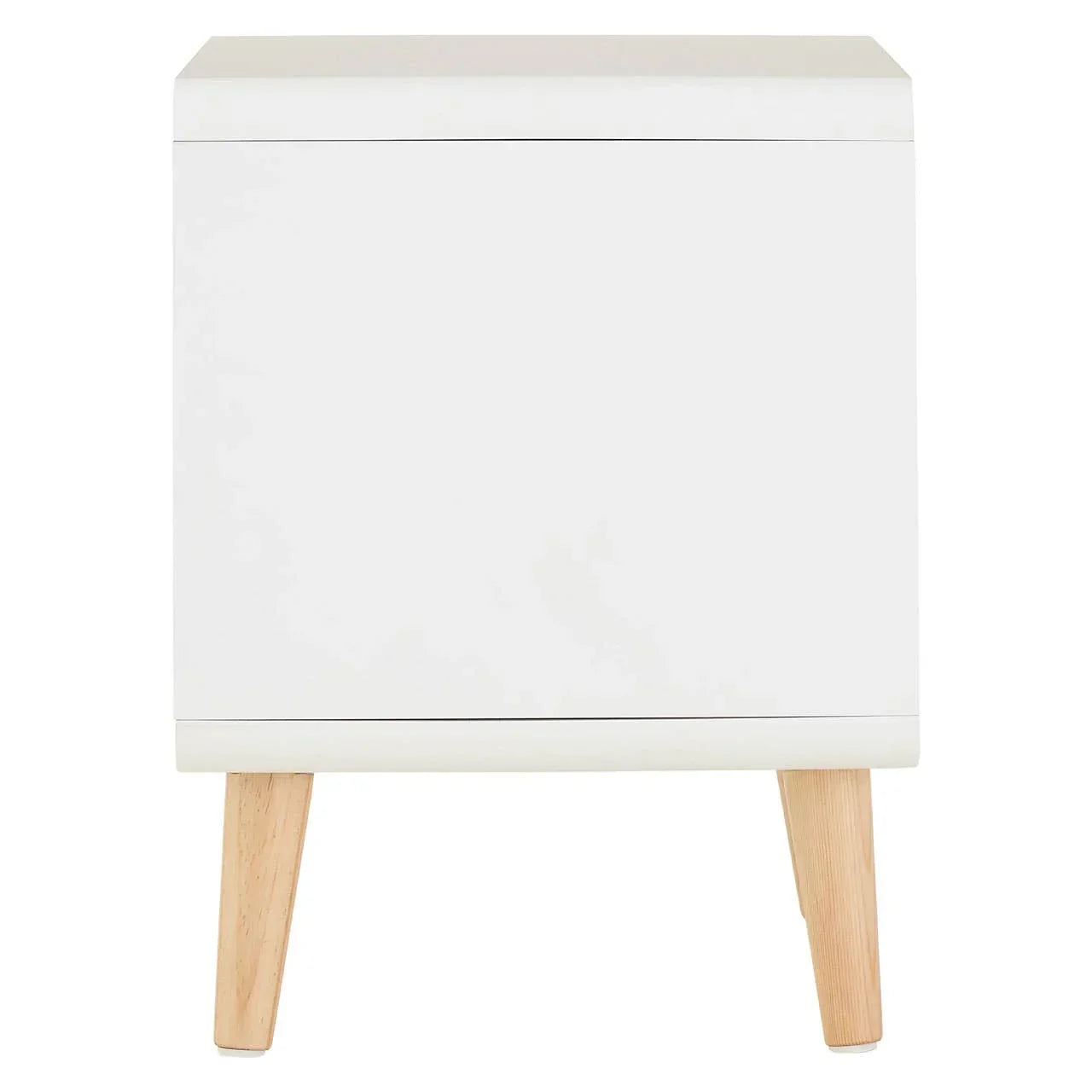 White bedside table with single drawer and natural wood legs front view