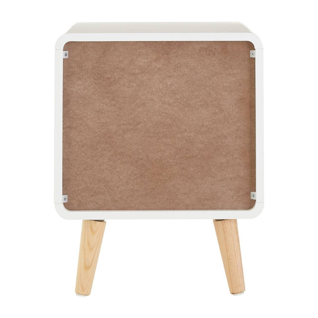 Back panel view of white bedside table with natural wood legs