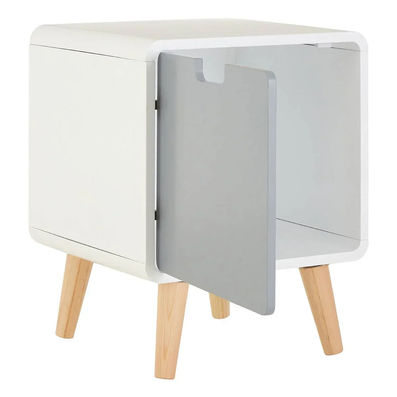 White bedside table with grey door and wooden legs, door open showing interior storage