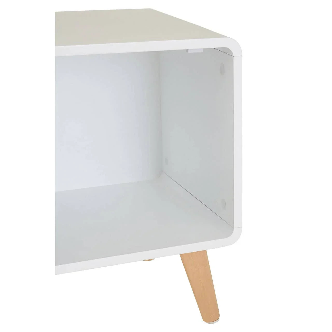 White side table with open storage and wooden angled leg, close-up corner view