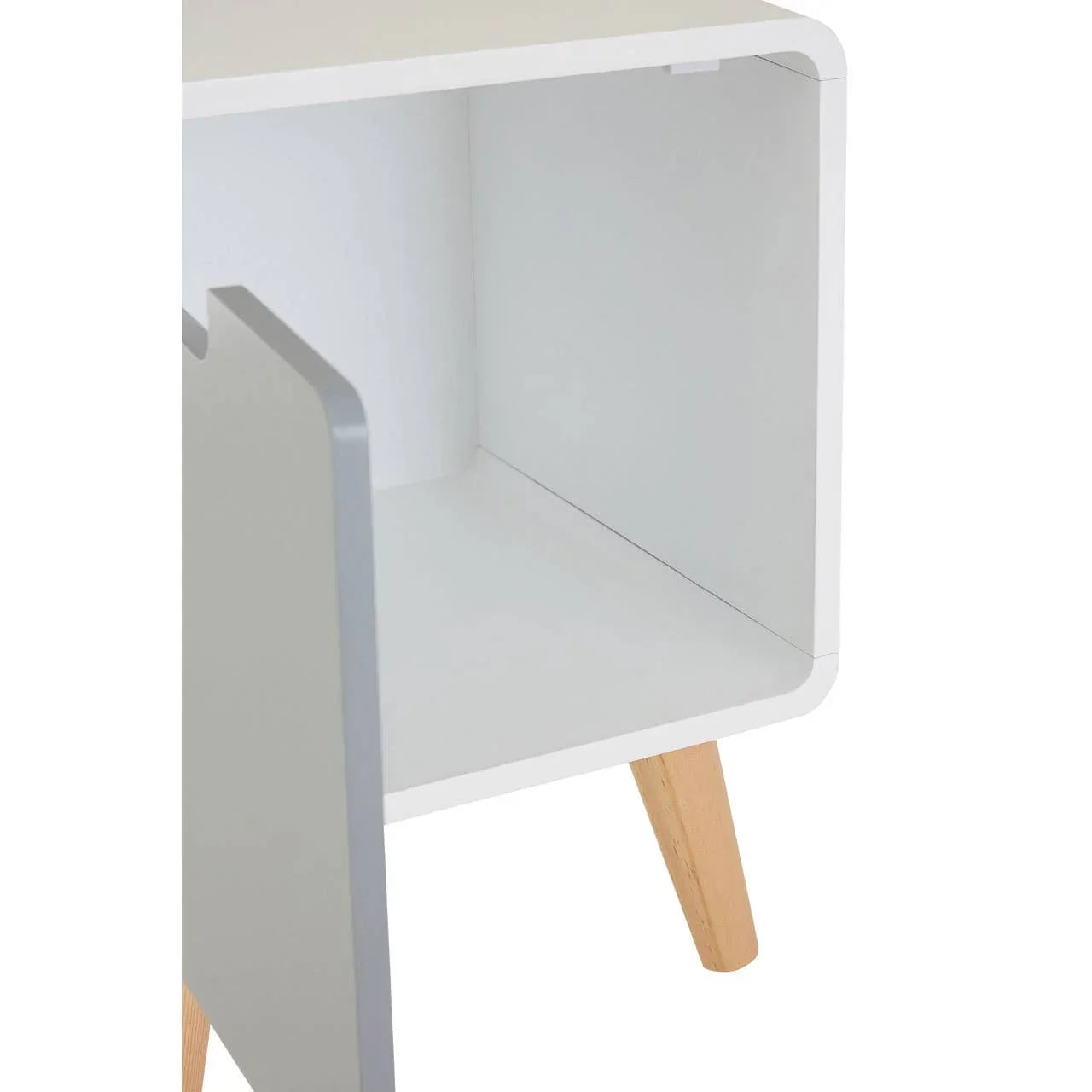 White bedside table with open storage and angled wooden legs, close-up view