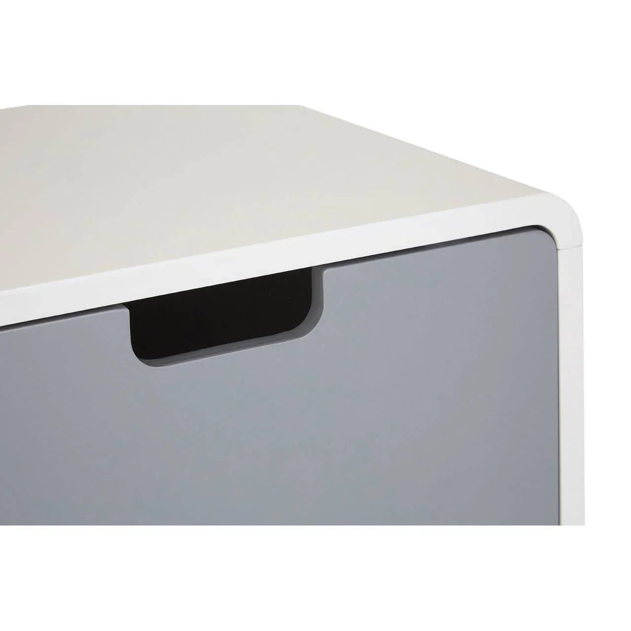 Closeup of white and grey storage unit with integrated handle on drawer