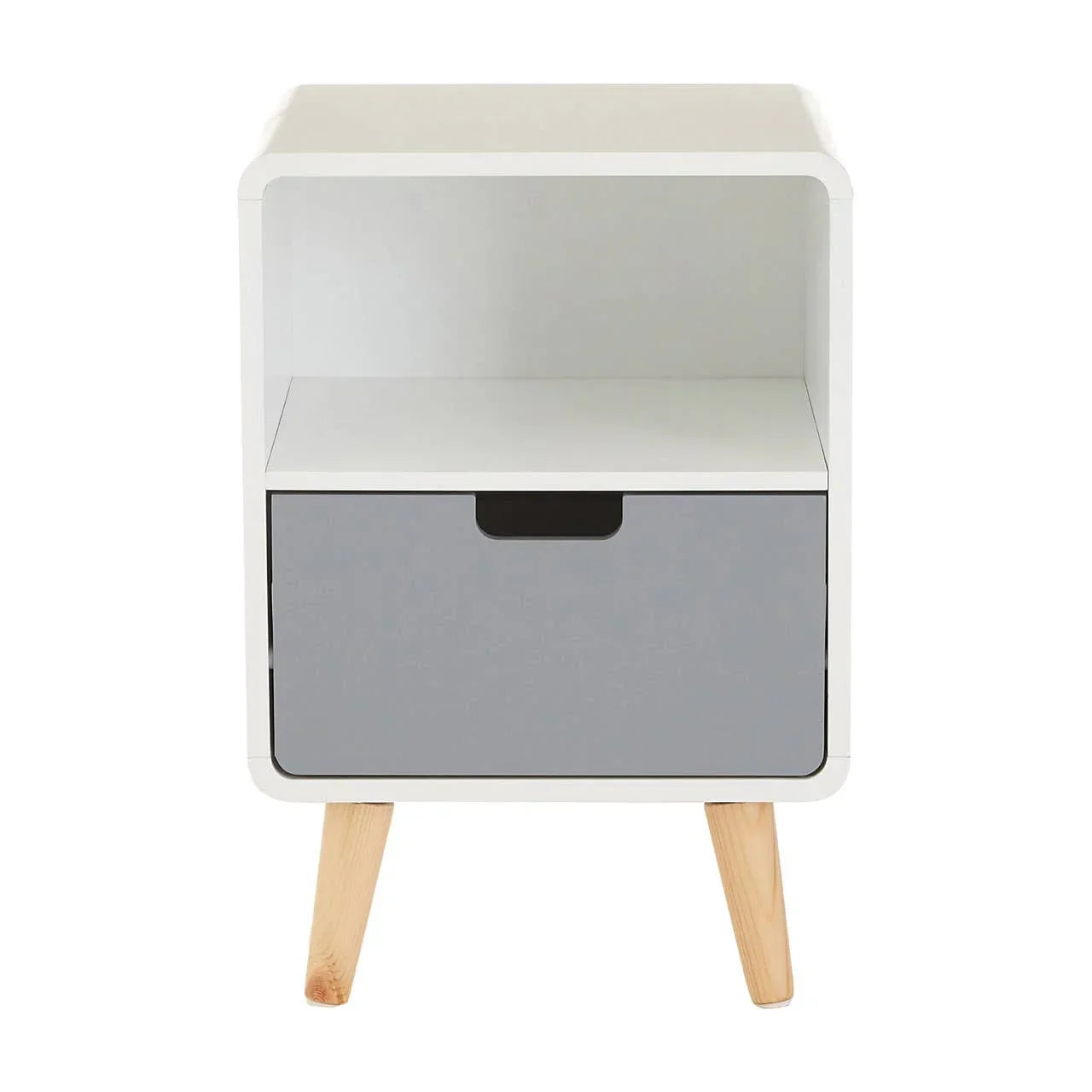 White and grey bedside table with open shelf and single drawer, wooden legs, front view