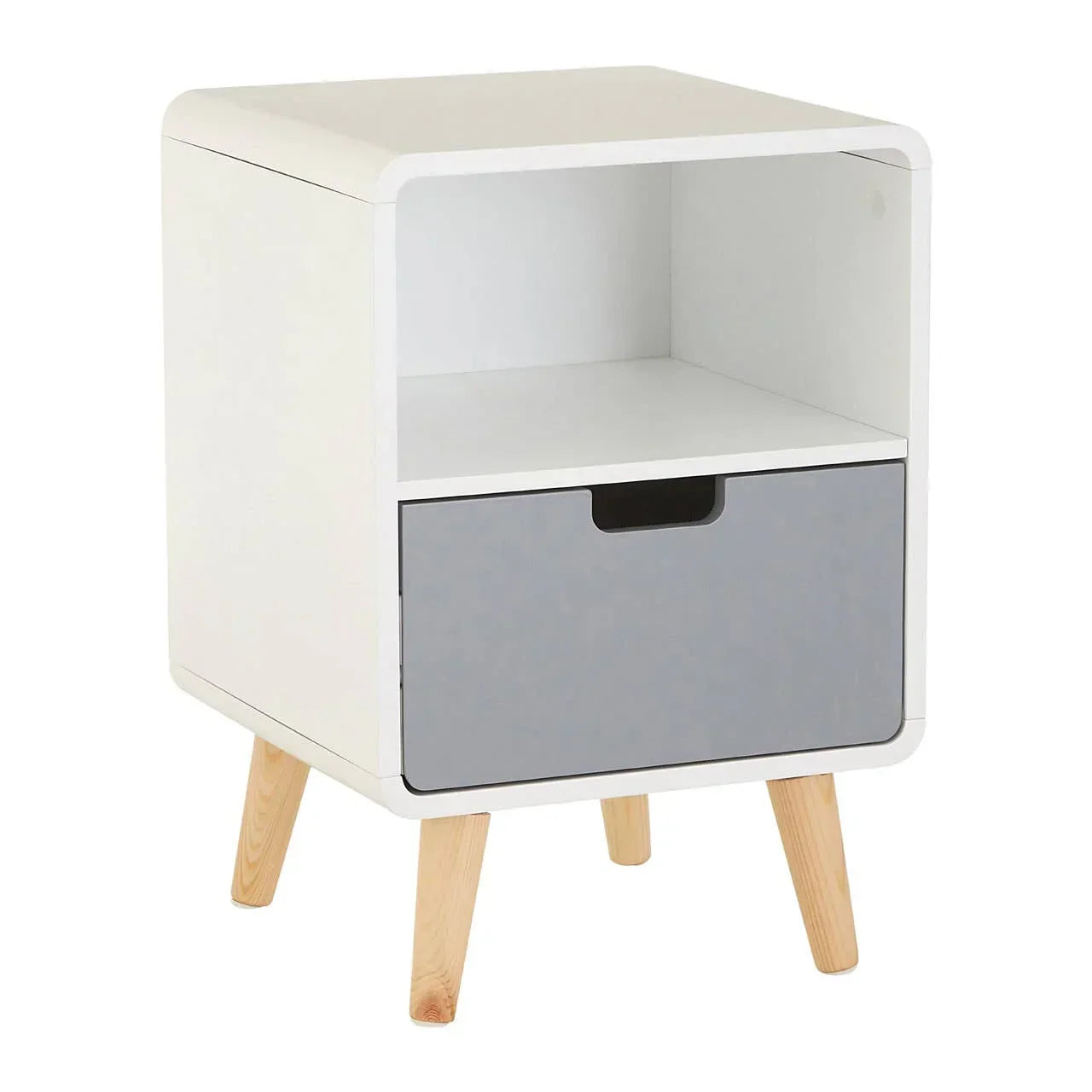 White bedside table with open shelf, grey drawer front and wooden legs